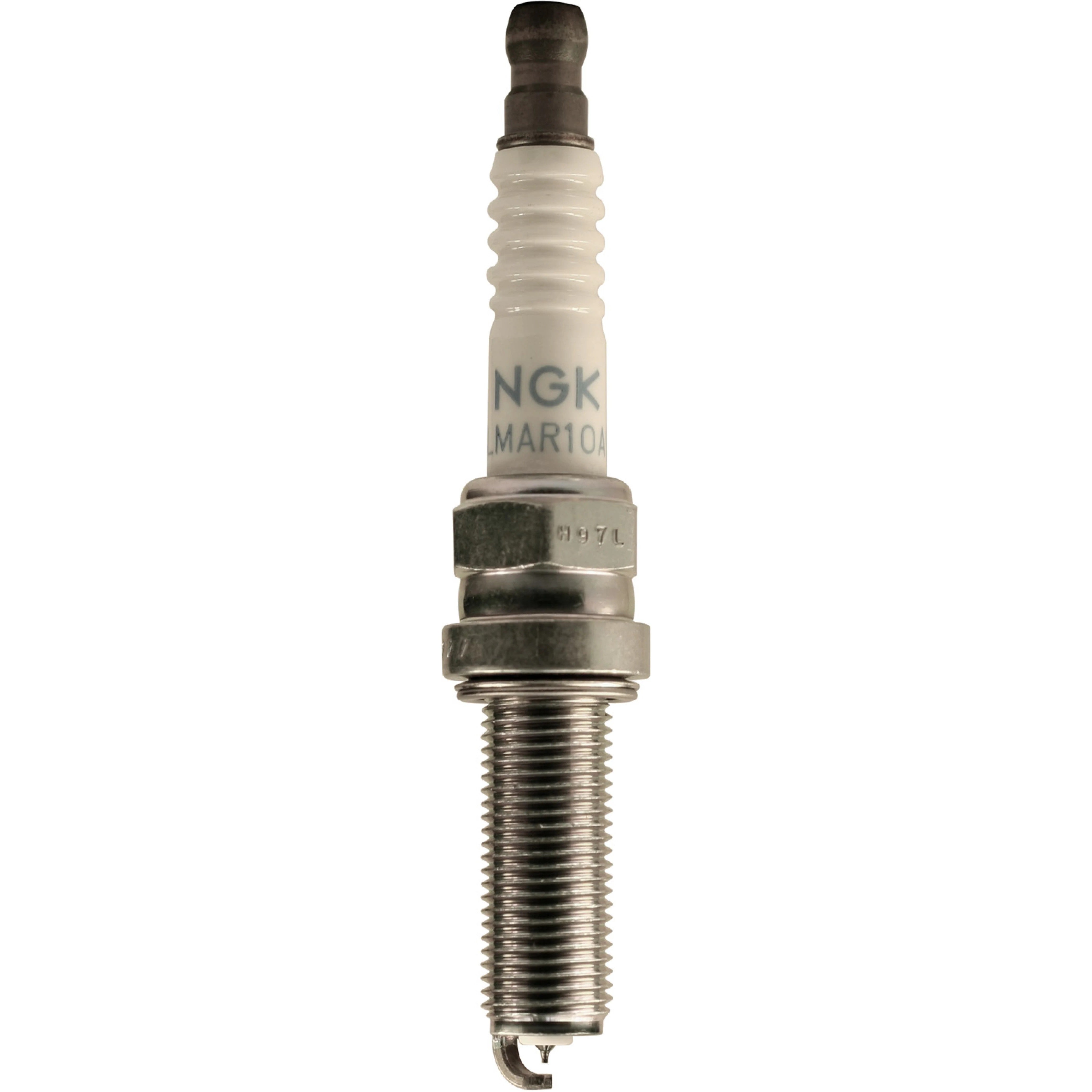 Set of four NGK Laser Iridium SILMAR8A9S spark plugs with trivalent plated shells and iridium tips.