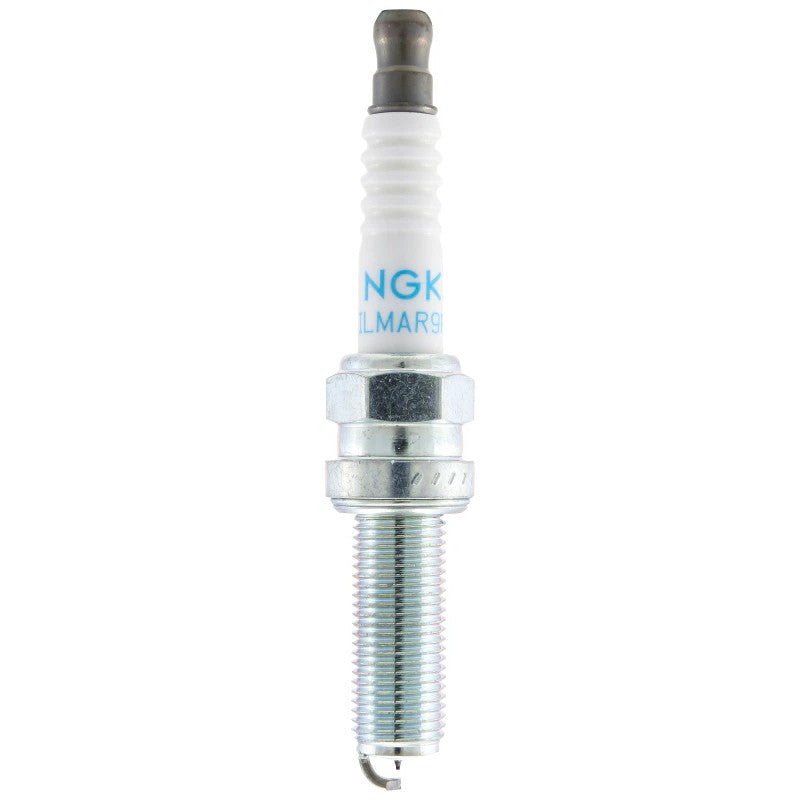 NGK SILMAR9F9 Laser Iridium spark plug showing the fine wire electrode, white ceramic insulator, and threaded metal shell.
