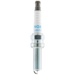 NGK SILMAR9F9 Laser Iridium spark plug showing the fine wire electrode, white ceramic insulator, and threaded metal shell.