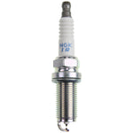 Set of four NGK Laser Iridium DILFR7K9G spark plugs showing the iridium center tip and platinum ground electrode.