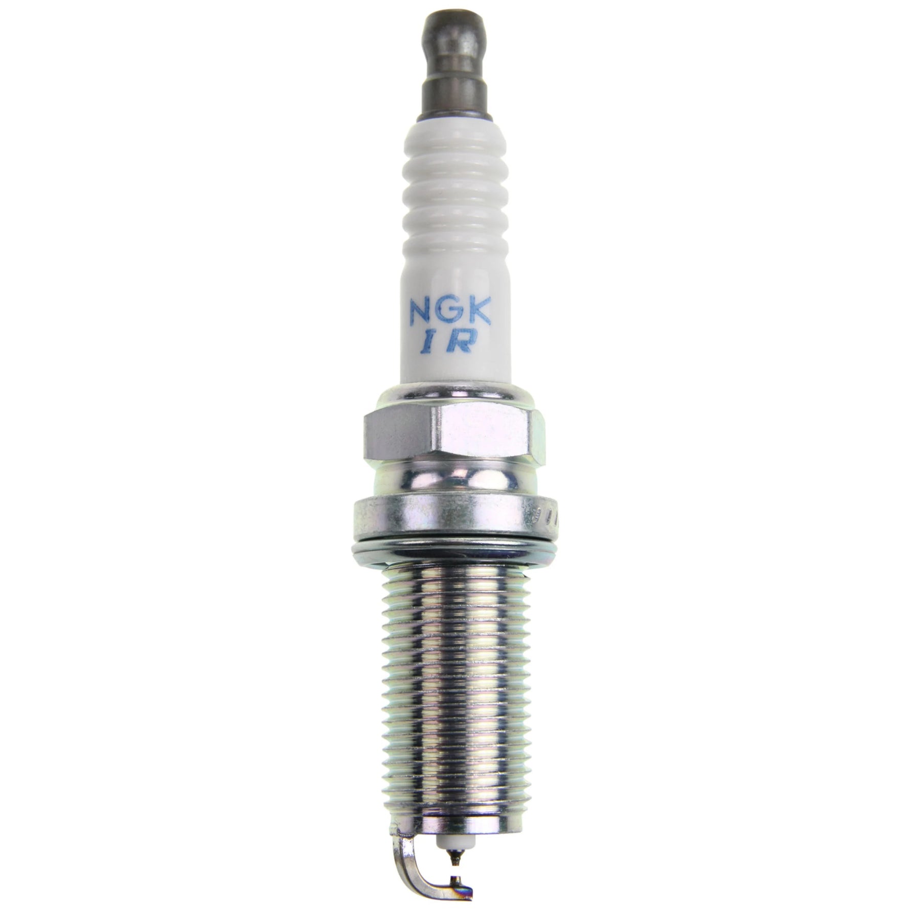 Set of four NGK Laser Iridium DILFR7K9G spark plugs showing the iridium center tip and platinum ground electrode.