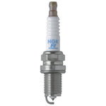 Set of four NGK Laser Platinum PFR7AB spark plugs with white ceramic insulators and metal threaded terminals