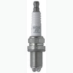 Set of four NGK Laser Platinum spark plugs (BKR7EQUP) with platinum-tipped electrodes.