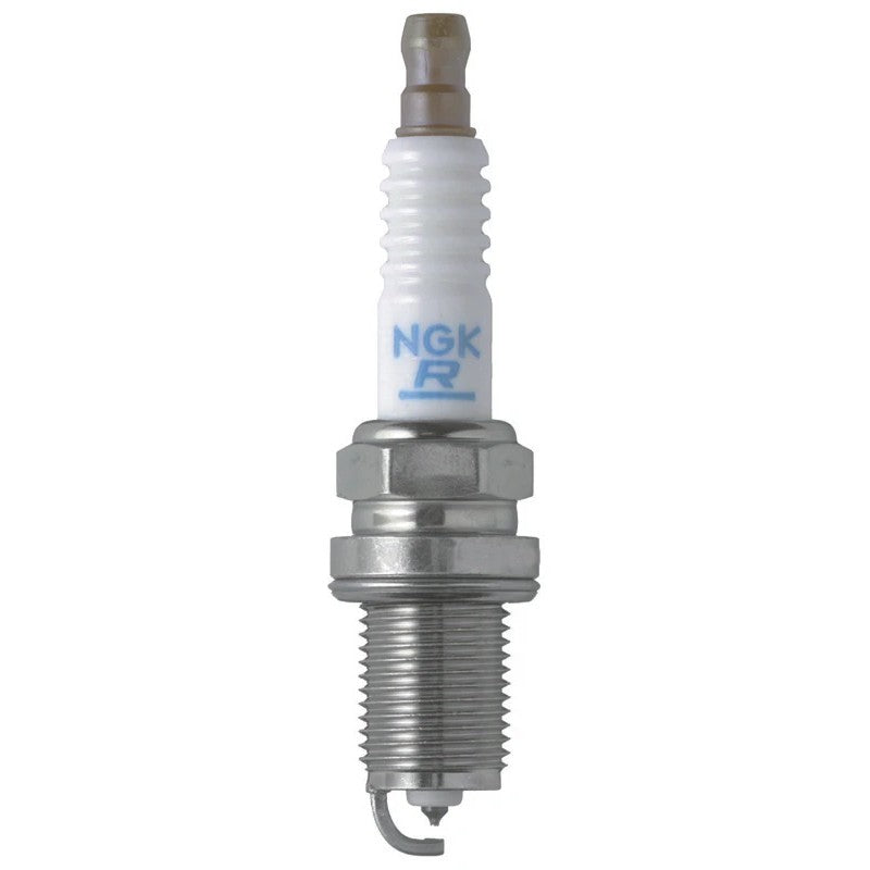 Set of four NGK Laser Platinum PFR6X-11 spark plugs featuring corrugated ceramic ribs and platinum center electrodes.