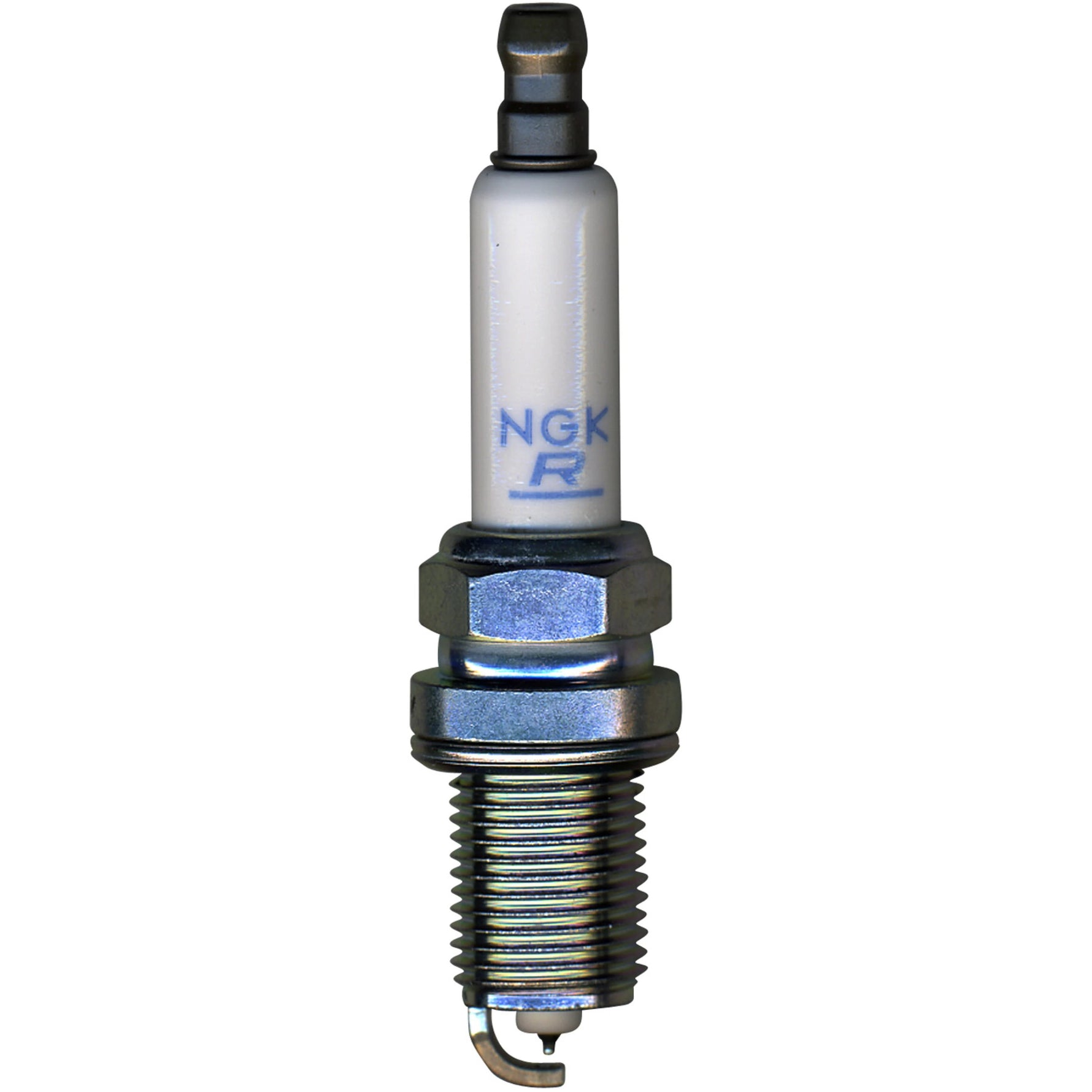 Set of four NGK Laser Platinum PFR8S8EG spark plugs with white ceramic insulators and silver trivalent plating.
