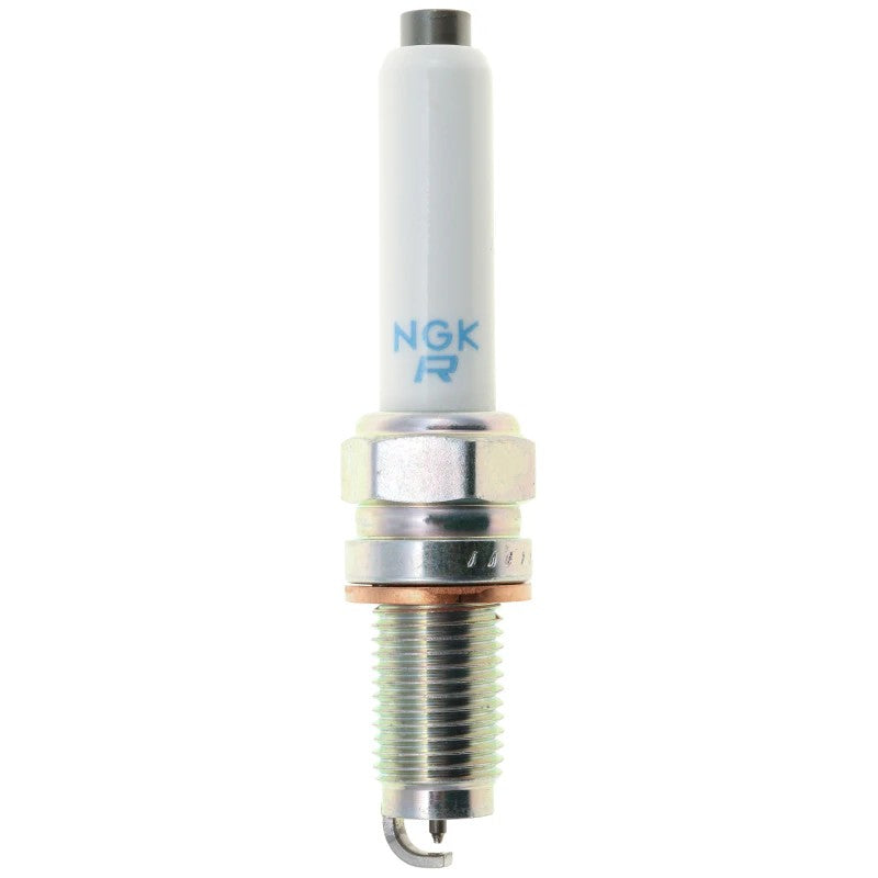 Set of four NGK Laser Platinum PKER7A8EGS spark plugs with white ceramic insulators and trivalent metal plating.