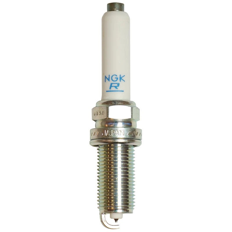 Four NGK Laser Platinum PLFER7A8EG spark plugs with white ceramic insulators and trivalent plated silver shells.