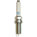 Four NGK Laser Platinum PLFER7A8EG spark plugs with white ceramic insulators and trivalent plated silver shells.