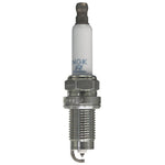 NGK Laser Platinum spark plug PZFR5Q-11 showing the platinum-tipped ground electrode and ceramic insulator.