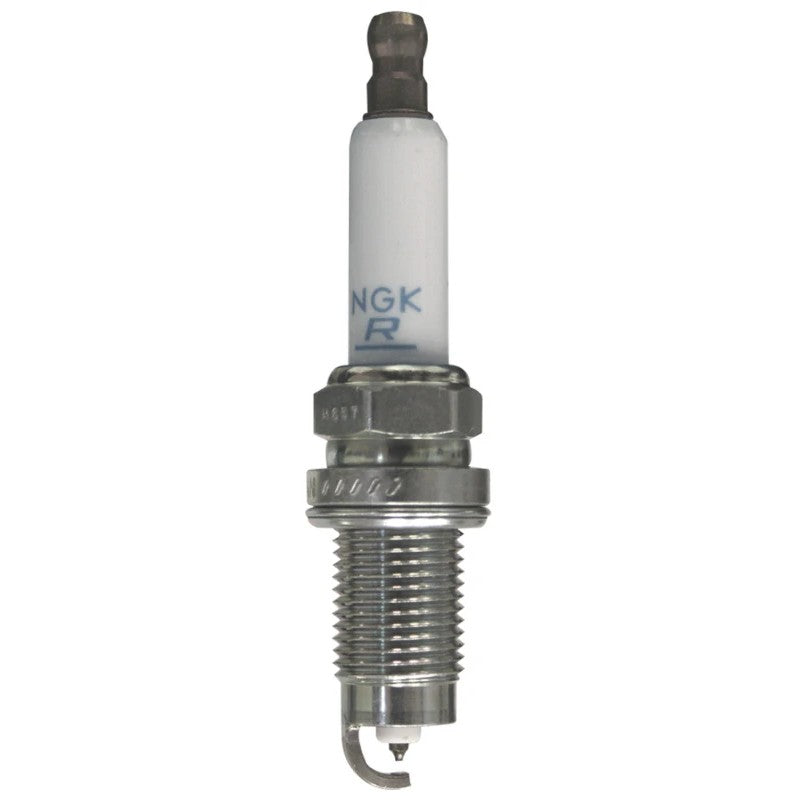 NGK Laser Platinum spark plug PZFR5Q-11 showing the platinum-tipped ground electrode and ceramic insulator.