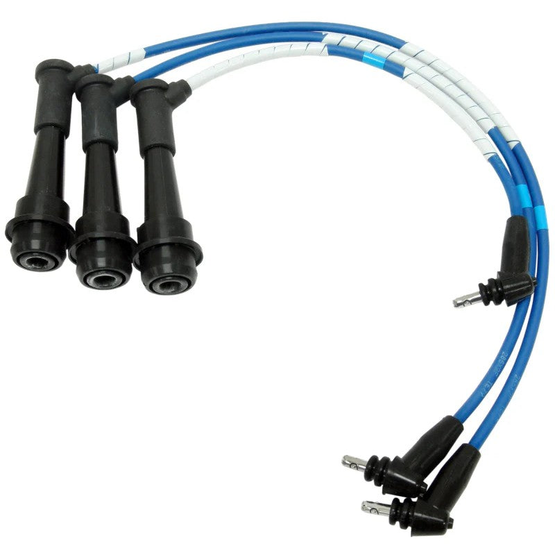 NGK 6404 spark plug wire set with blue silicone jackets, sealed boots, and stainless steel terminals.