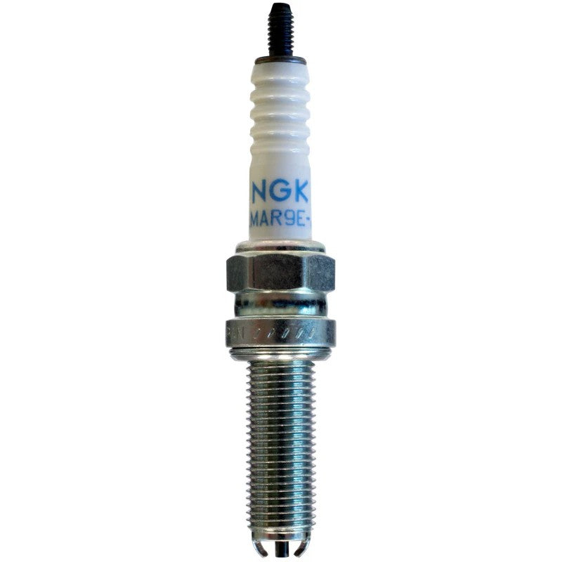 NGK LMAR9E-J Multi-Ground spark plug showing trivalent metal plating and alumina silicate ceramic insulator.