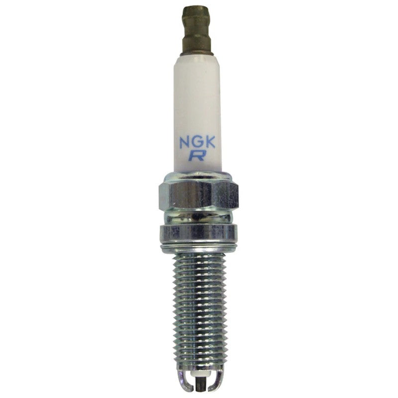 NGK LKR8AP Laser Platinum multi-ground spark plug showing the electrode design and white ceramic insulator.