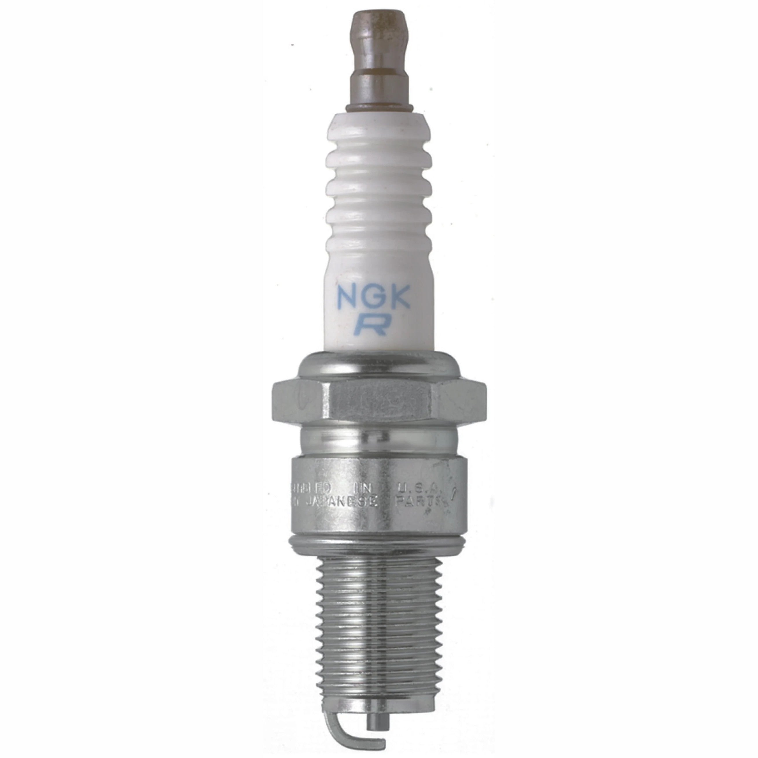 Set of four NGK BR9EYA V-Power spark plugs with nickel electrodes and white corrugated insulators.