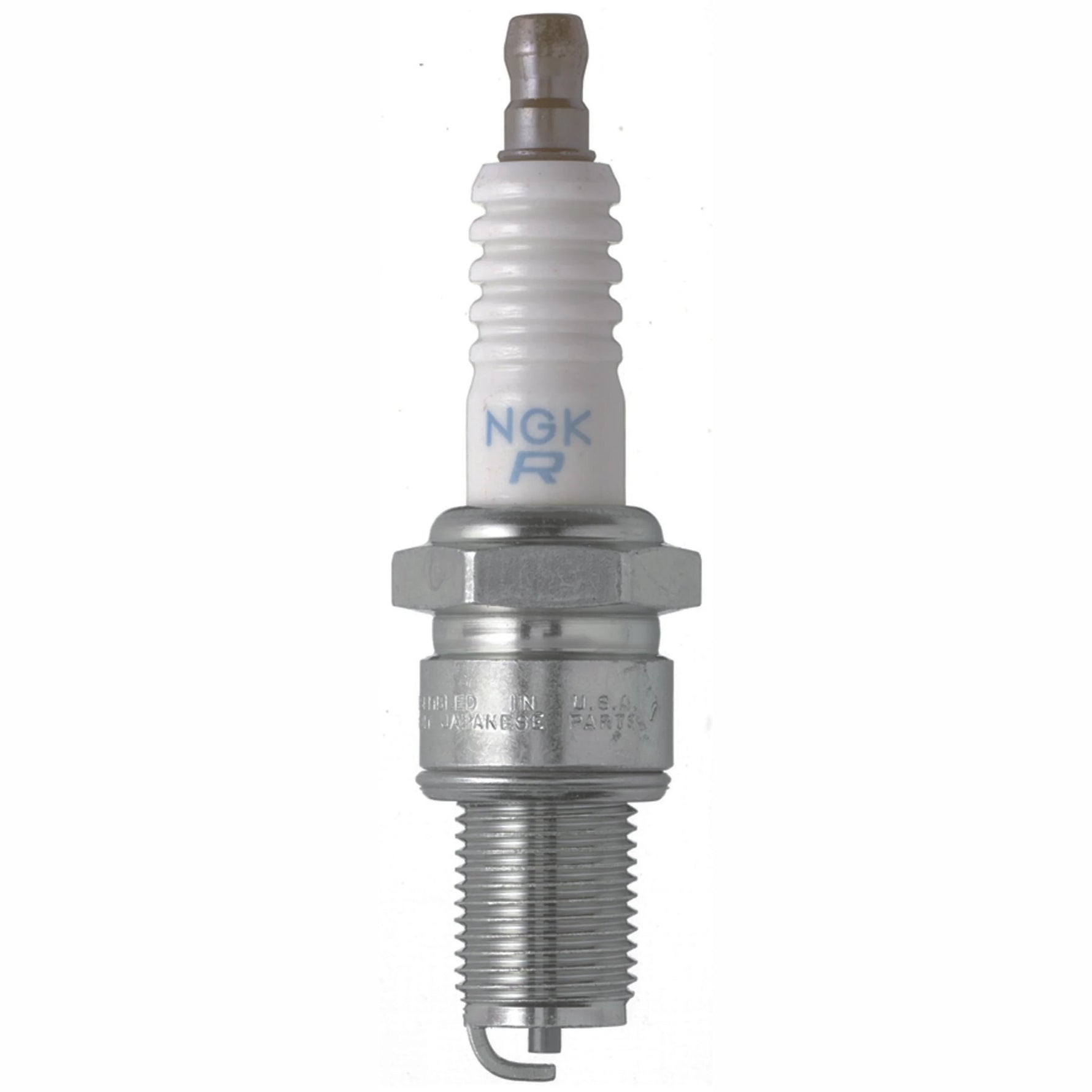 Set of four NGK BR9EYA V-Power spark plugs with nickel electrodes and white corrugated insulators.