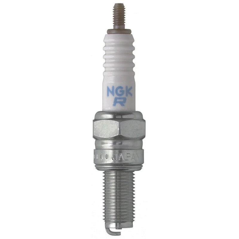 Four NGK CR8E nickel spark plugs featuring trivalent metal plating, corrugated ribs, and white ceramic insulators.