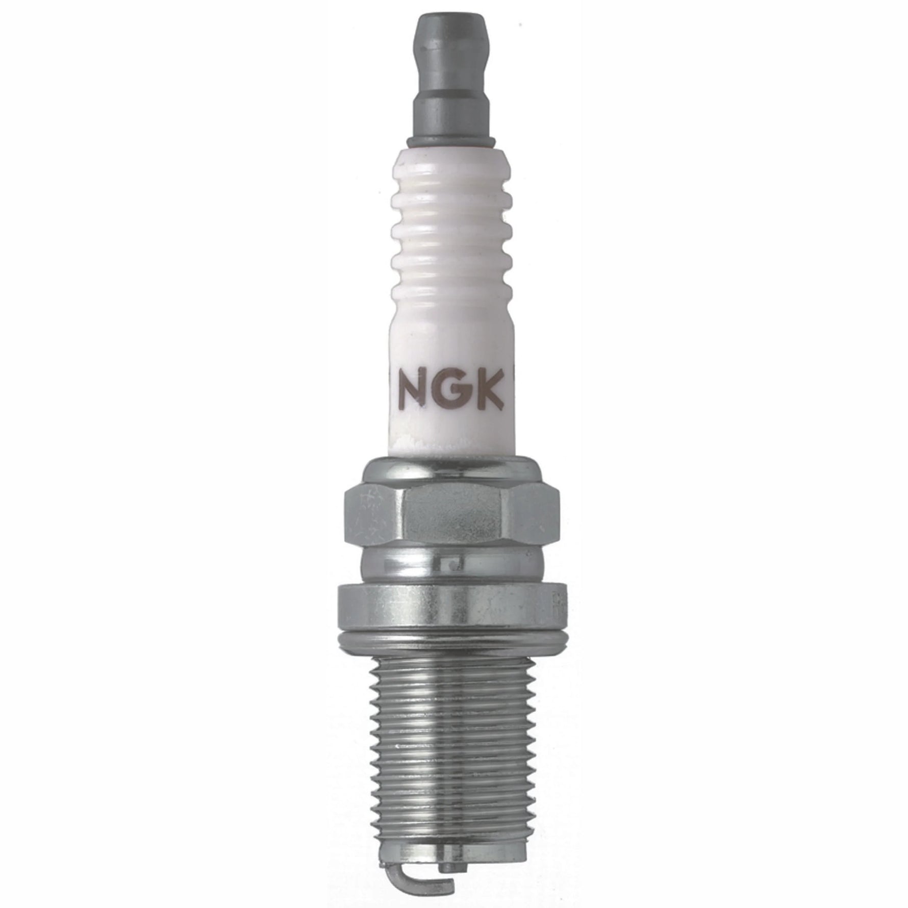 Set of four NGK R5671A-10 racing spark plugs with nickel finish and corrugated ceramic ribs.