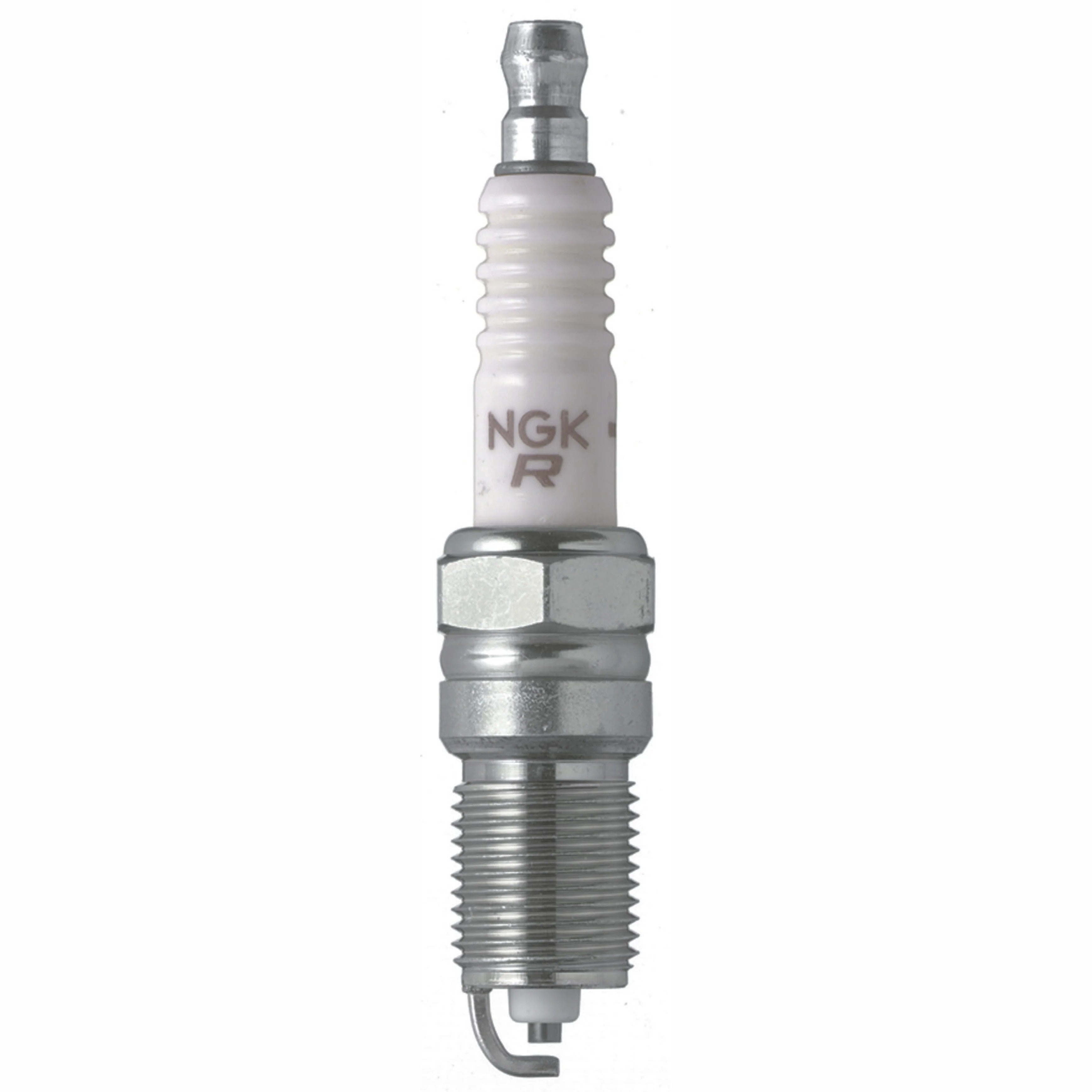 Four NGK V-Power TR5 nickel spark plugs with v-cut electrodes and silver trivalent metal plating.