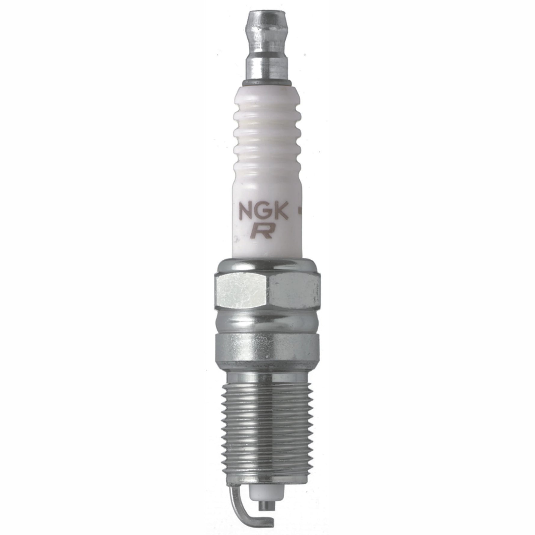 Four NGK V-Power TR5 nickel spark plugs with v-cut electrodes and silver trivalent metal plating.