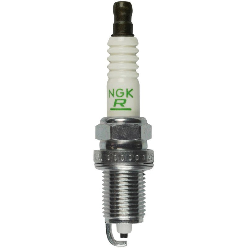 Set of four NGK V-Power ZFR5F-11 nickel spark plugs showing the V-cut electrode and trivalent metal plating.