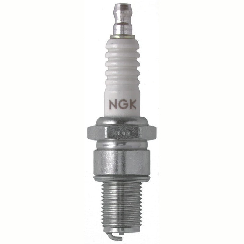 Set of four NGK Racing B8EG spark plugs featuring silver-tone trivalent plating and white ceramic insulators.