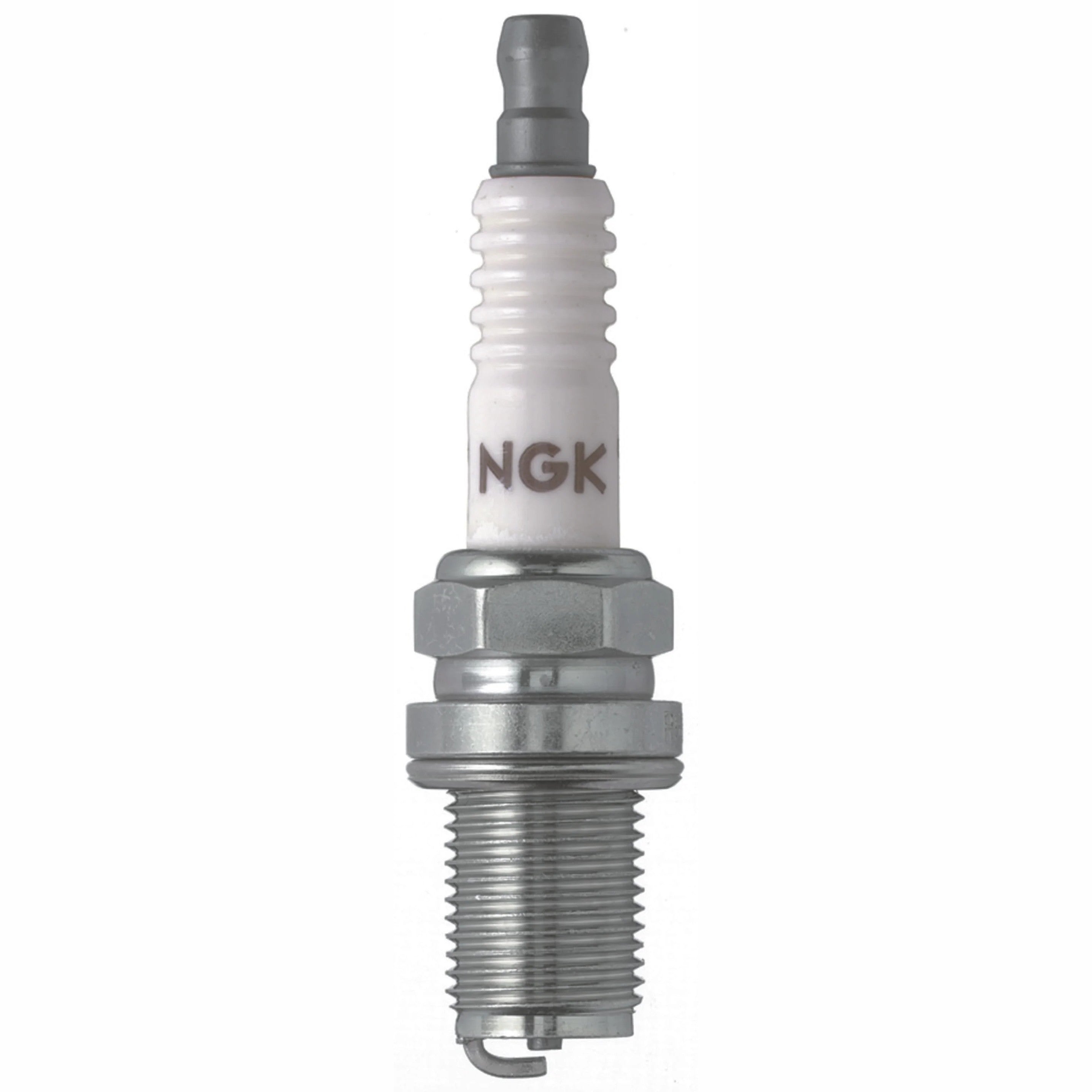 Four NGK Racing R5671A-8 spark plugs displaying the ceramic insulator and trivalent metal plated shell.