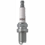 Four NGK Racing R5671A-8 spark plugs displaying the ceramic insulator and trivalent metal plated shell.