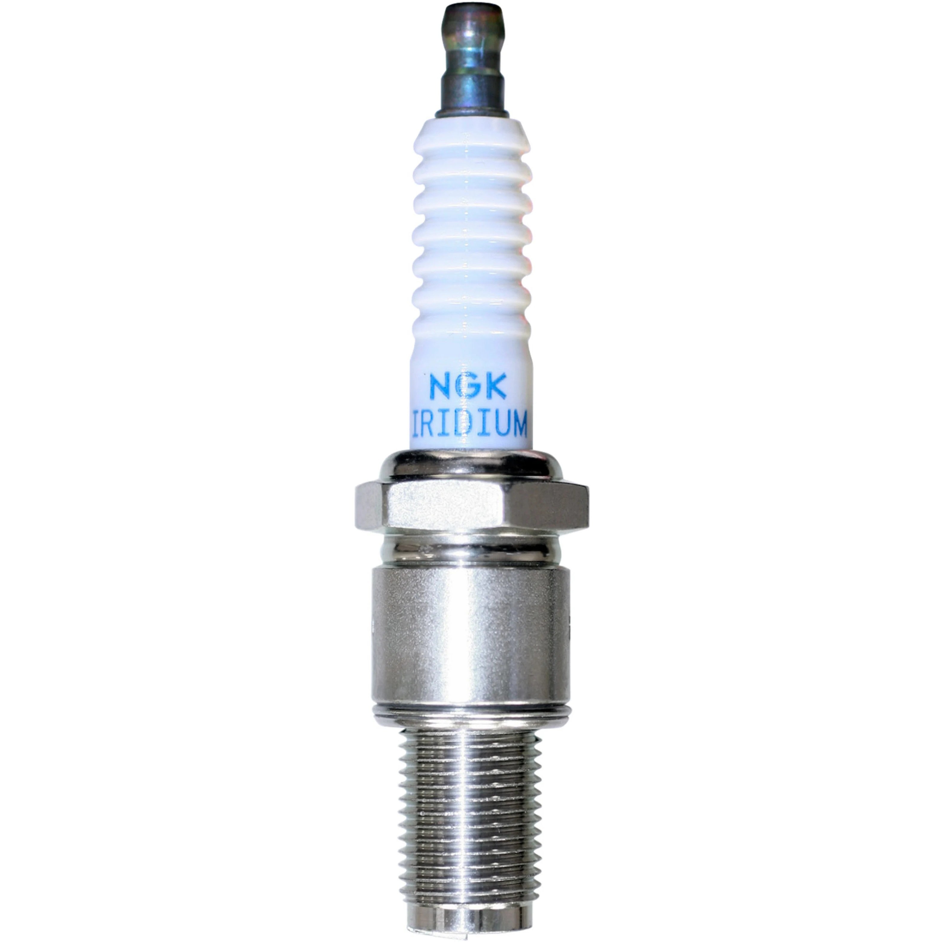 NGK R7420-10 Racing Spark Plug with trivalent metal plating, corrugated ribs, and ceramic insulator.