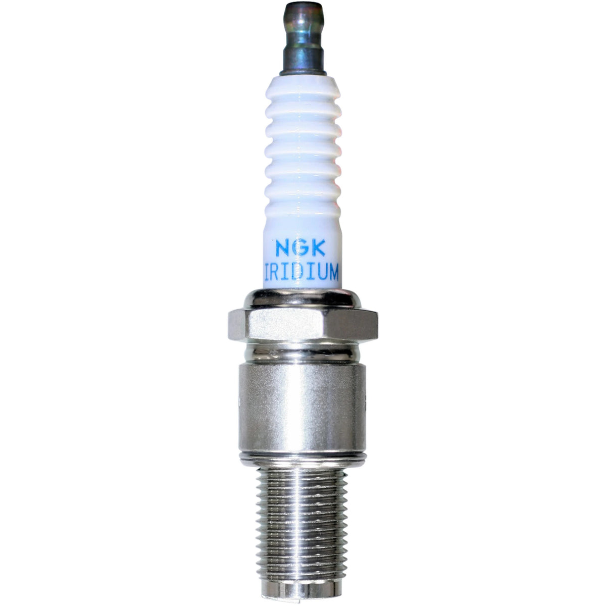 NGK R7420-10 Racing Spark Plug with trivalent metal plating, corrugated ribs, and ceramic insulator.