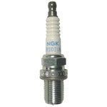 Set of four NGK R7434-10 racing spark plugs featuring white ceramic insulators and trivalent metal plated threads.