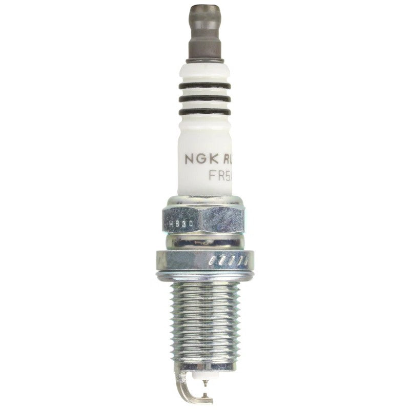 Set of four NGK Ruthenium HX FR5AHX spark plugs with fine-wire ruthenium center electrodes and corrugated ribs.