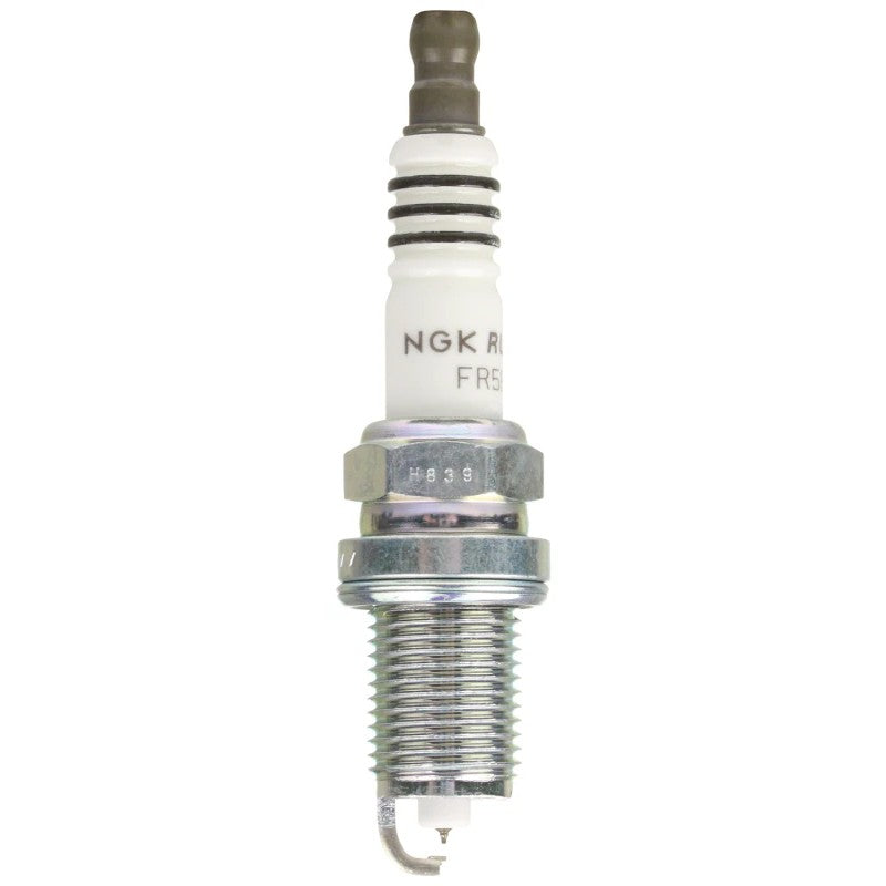 Set of four NGK Ruthenium HX high-ignitability spark plugs showing the 0.4mm fine wire center electrode.