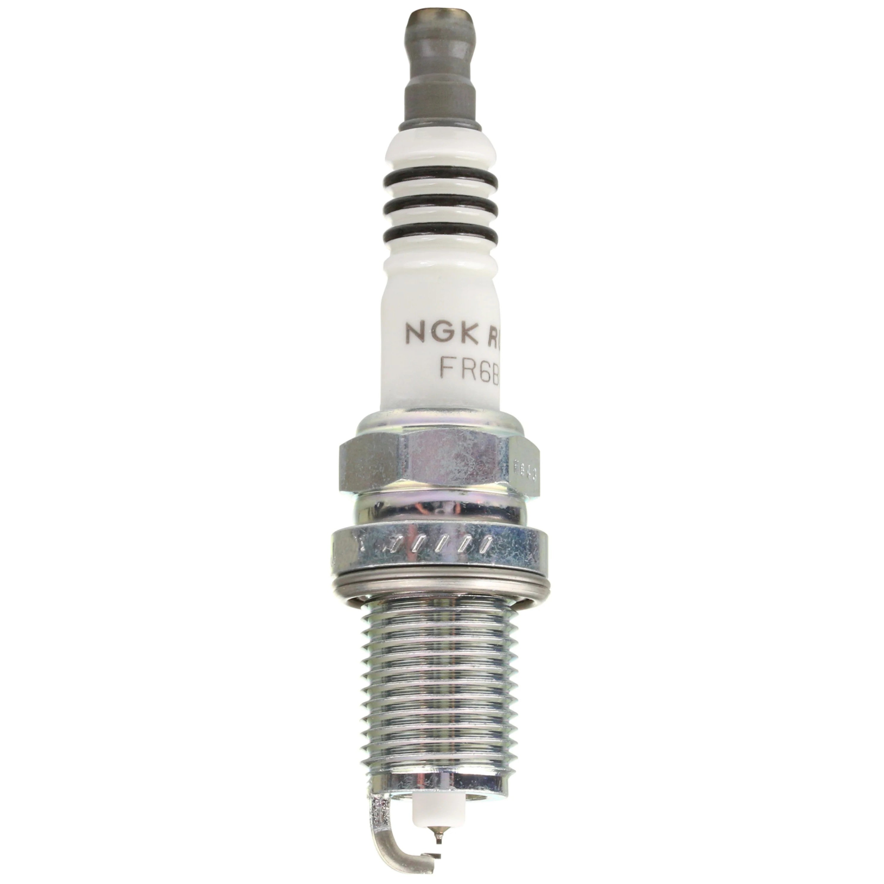 Set of 4 NGK Ruthenium HX spark plugs showing fine wire center electrodes and trivalent metal plating