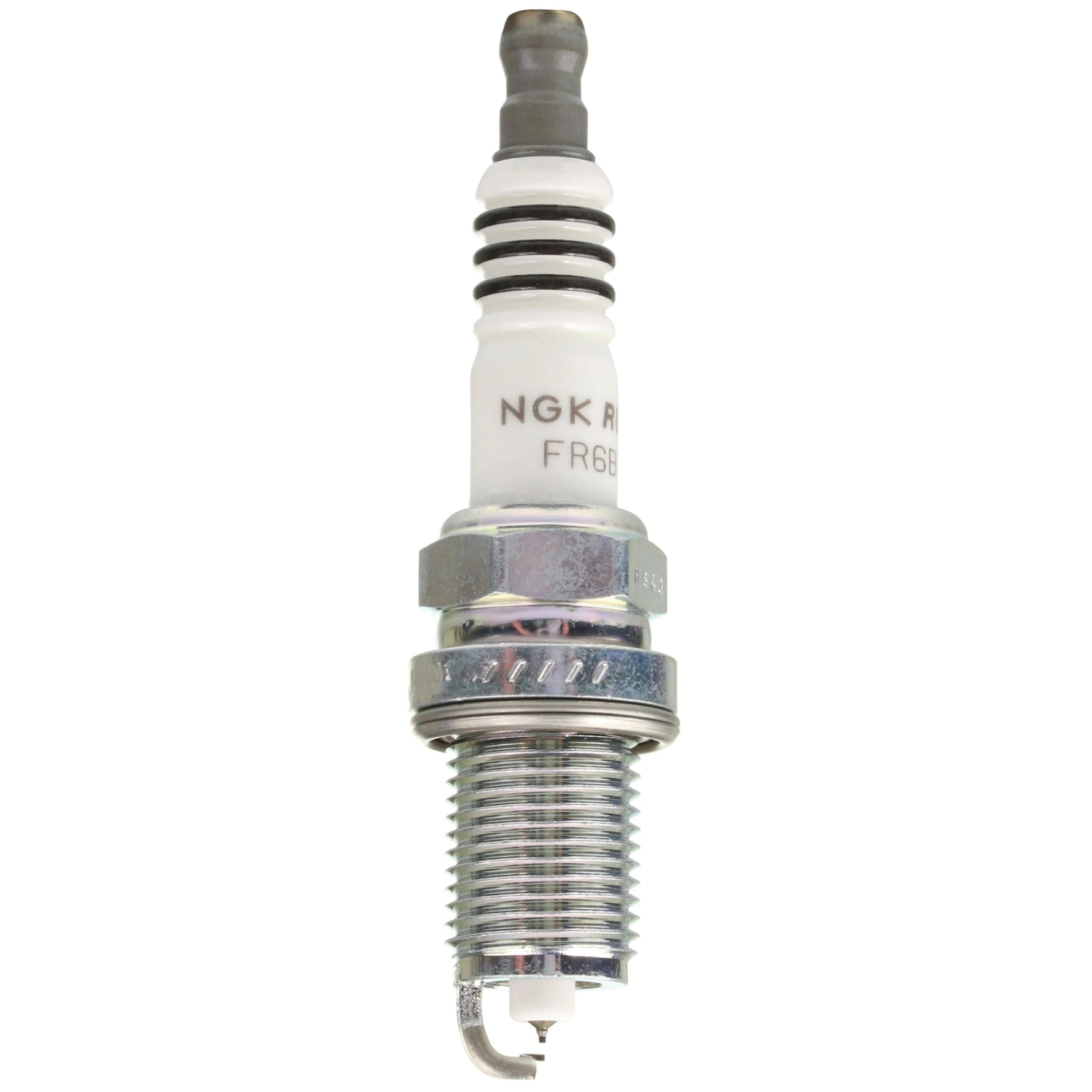 Set of 4 NGK Ruthenium HX spark plugs showing fine wire center electrodes and trivalent metal plating