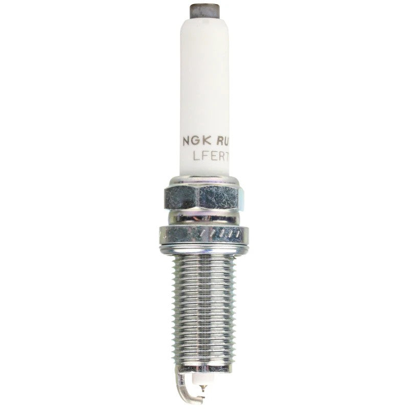 Set of four NGK Ruthenium HX spark plugs LFER7BHX featuring fine-wire center electrodes and trivalent metal plating.