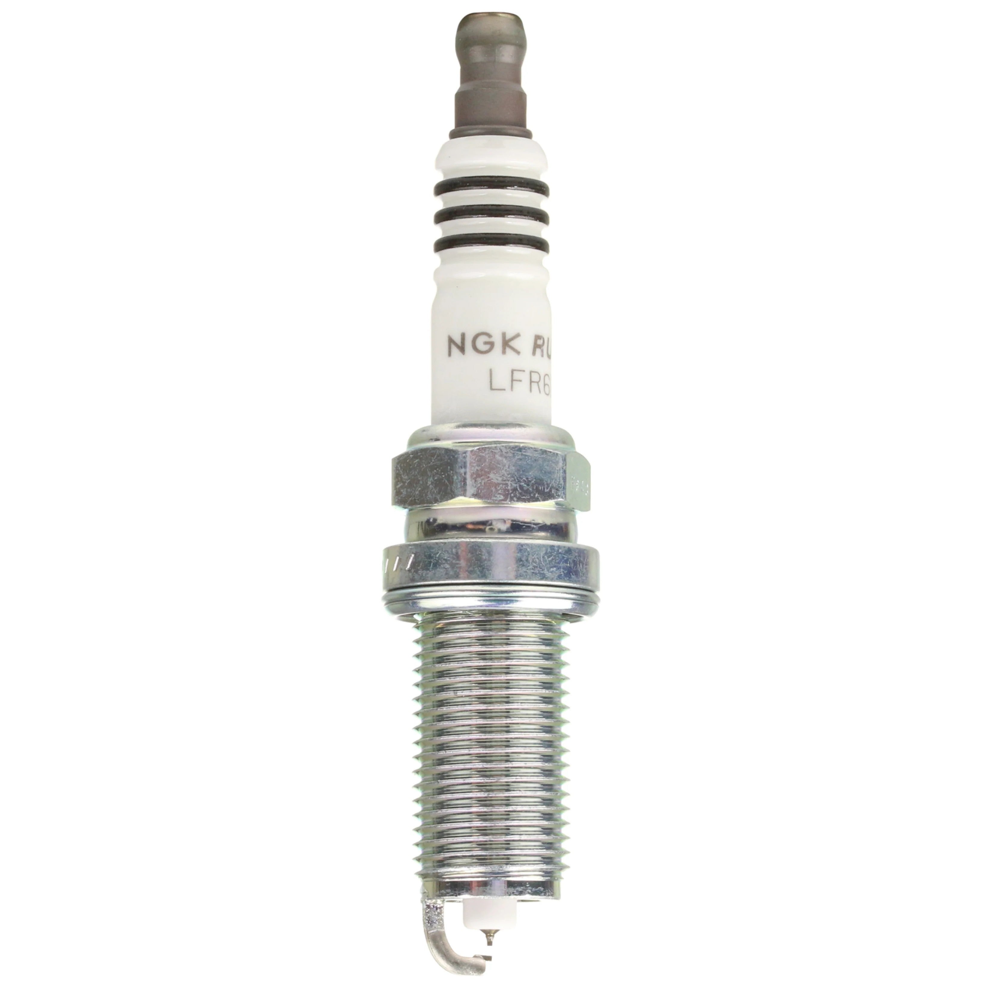 Box of 4 NGK Ruthenium HX LFR6BHX spark plugs showing fine wire center electrodes.