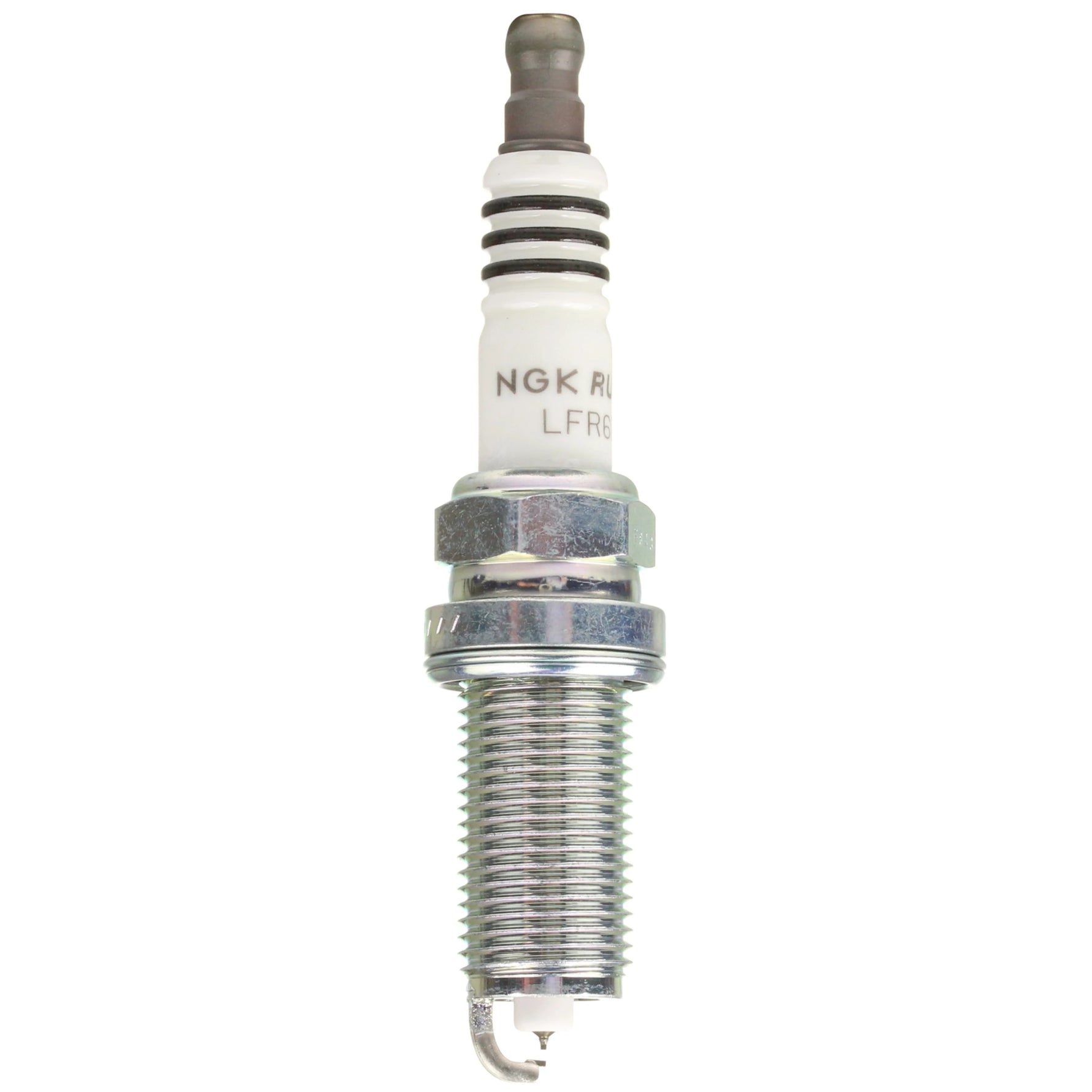 Box of 4 NGK Ruthenium HX LFR6BHX spark plugs showing fine wire center electrodes.
