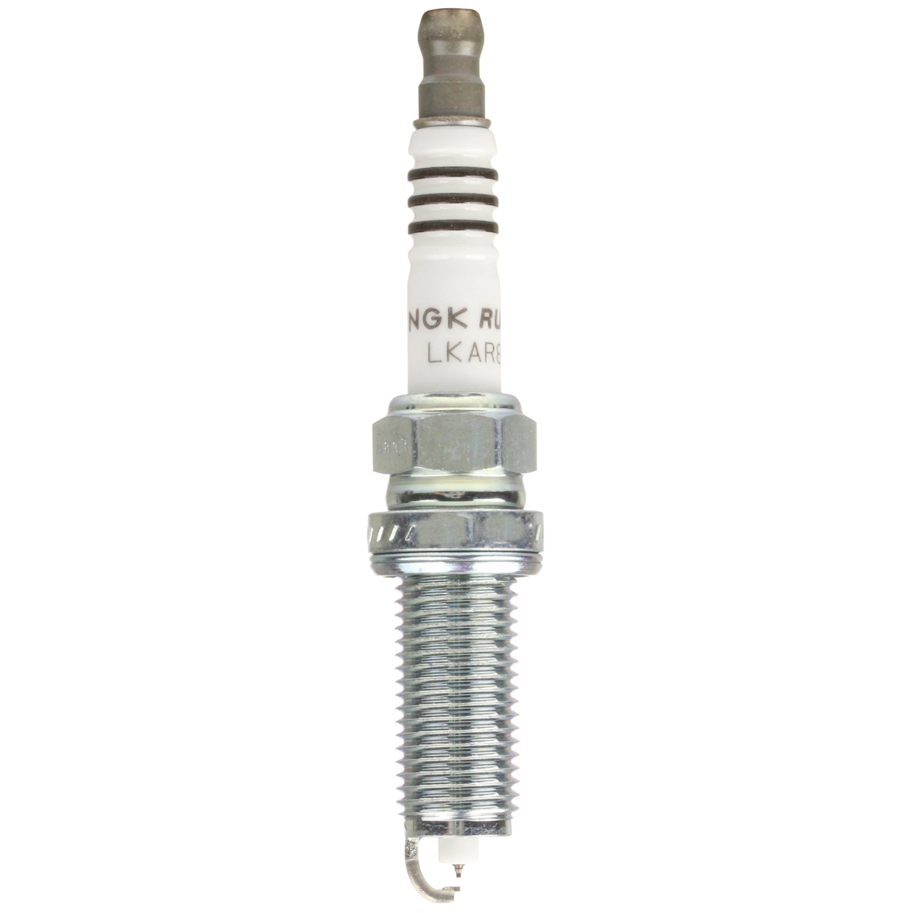 Set of four NGK Ruthenium HX LKAR8BHX spark plugs with fine wire ruthenium and platinum electrodes.