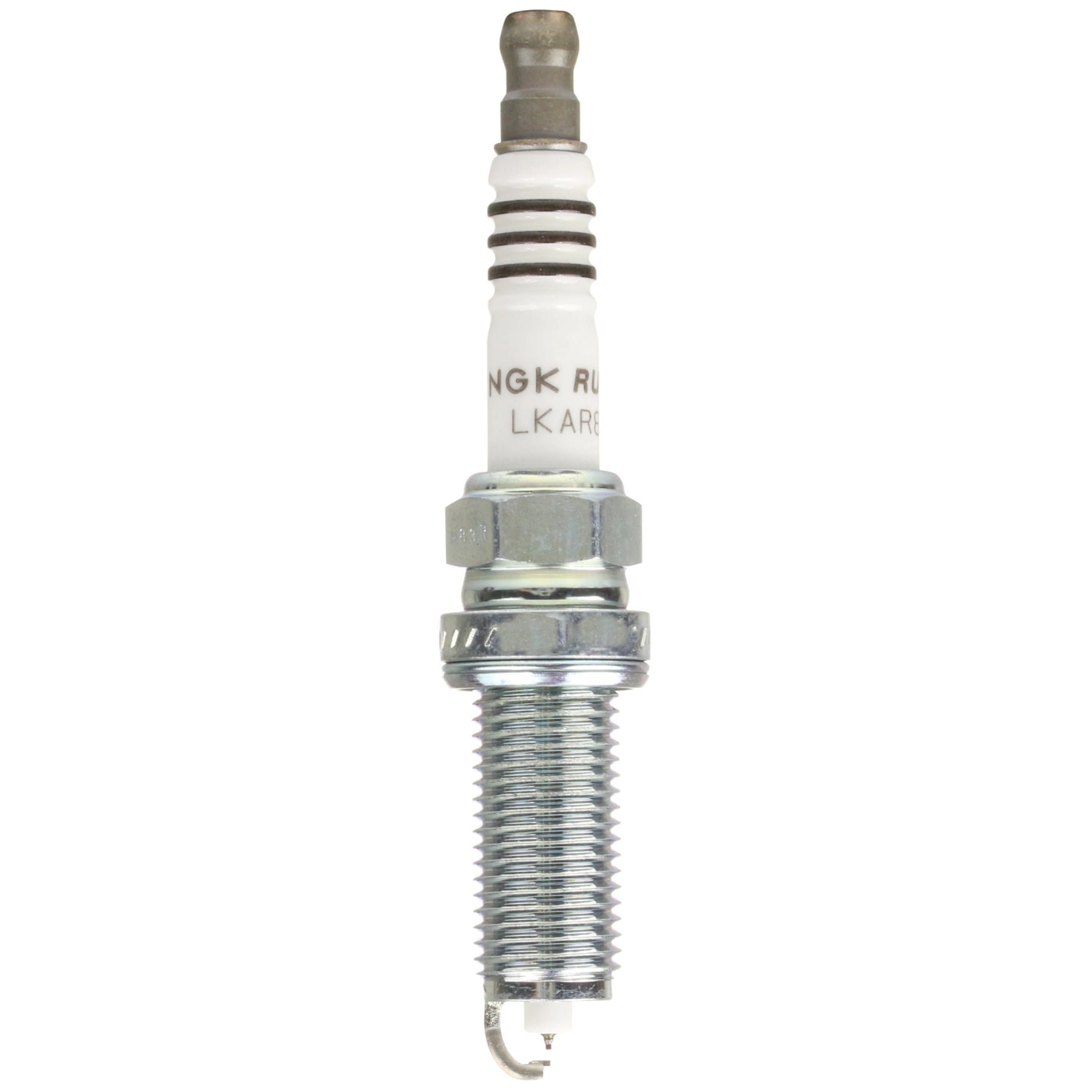Set of four NGK Ruthenium HX LKAR8BHX spark plugs with fine wire ruthenium and platinum electrodes.