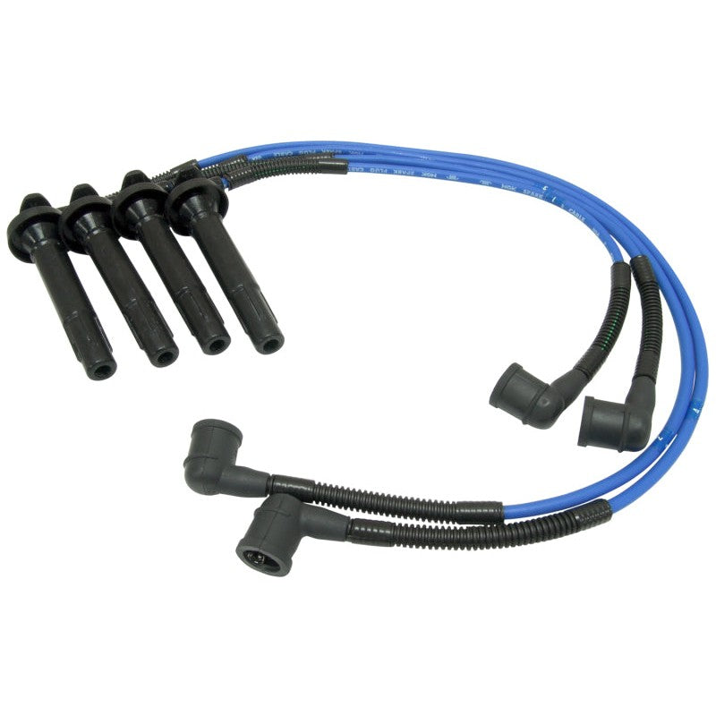 NGK 55004 blue silicone spark plug wire set with black insulated boots for Subaru and Saab engines.