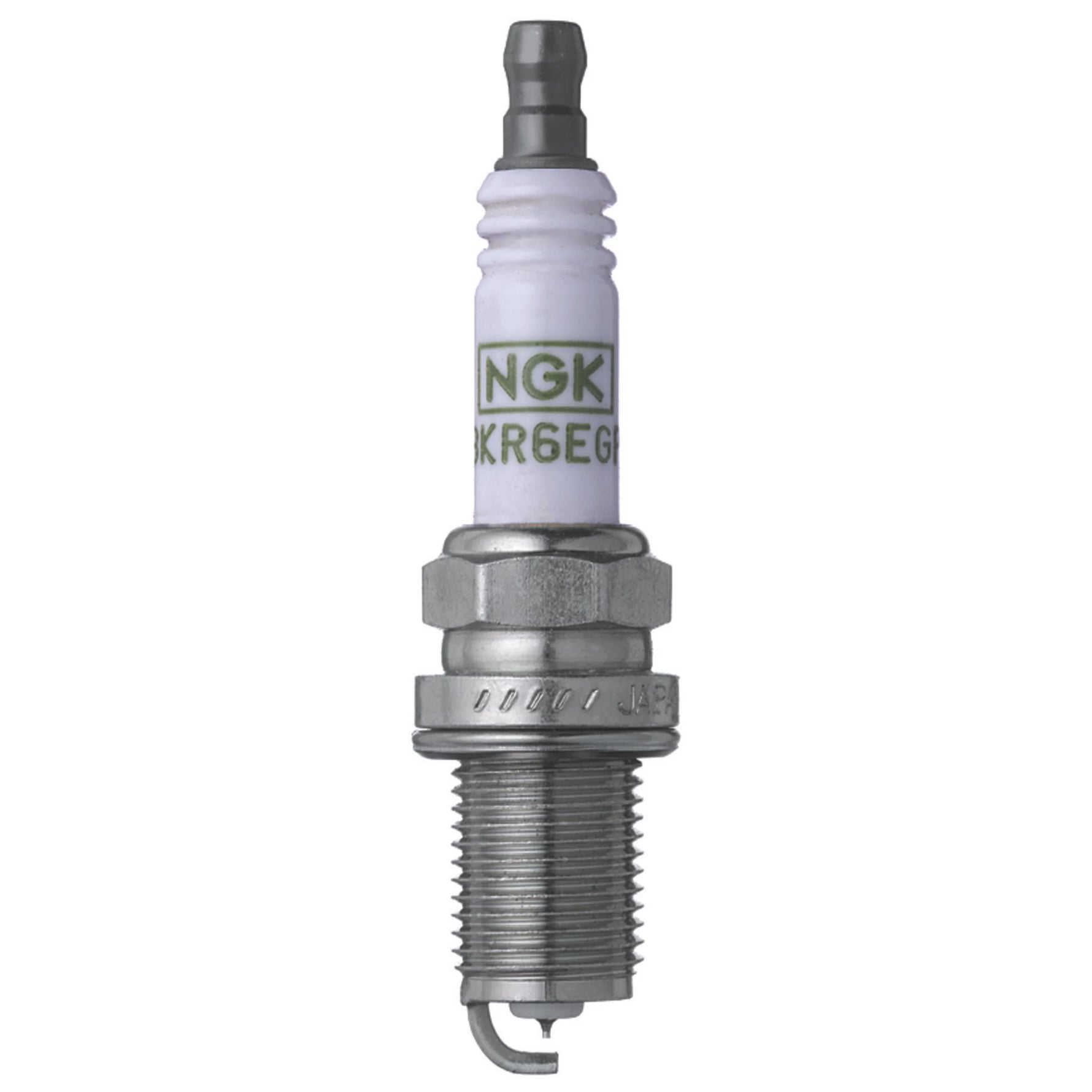 Set of four NGK G-Power Single Platinum spark plugs BKR6EGP showing the fine wire platinum tip and trivalent plating.