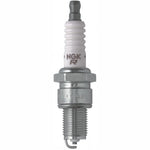 NGK BPR9ES traditional spark plug with ceramic insulator, copper core, and trivalent metal plated shell.