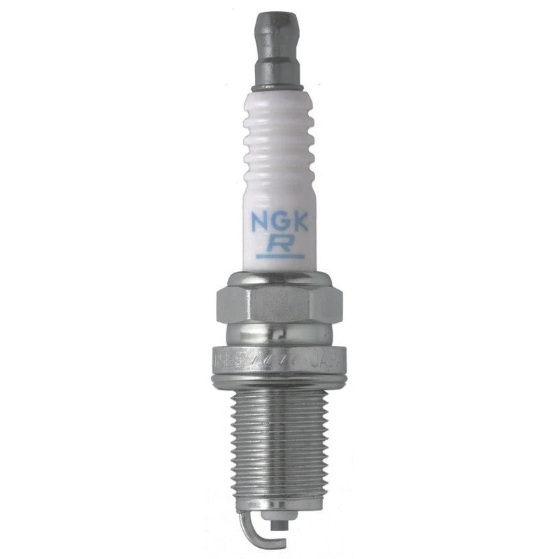 Set of four NGK V-Power BKR5E spark plugs featuring V-cut nickel alloy center electrodes and trivalent metal plating.