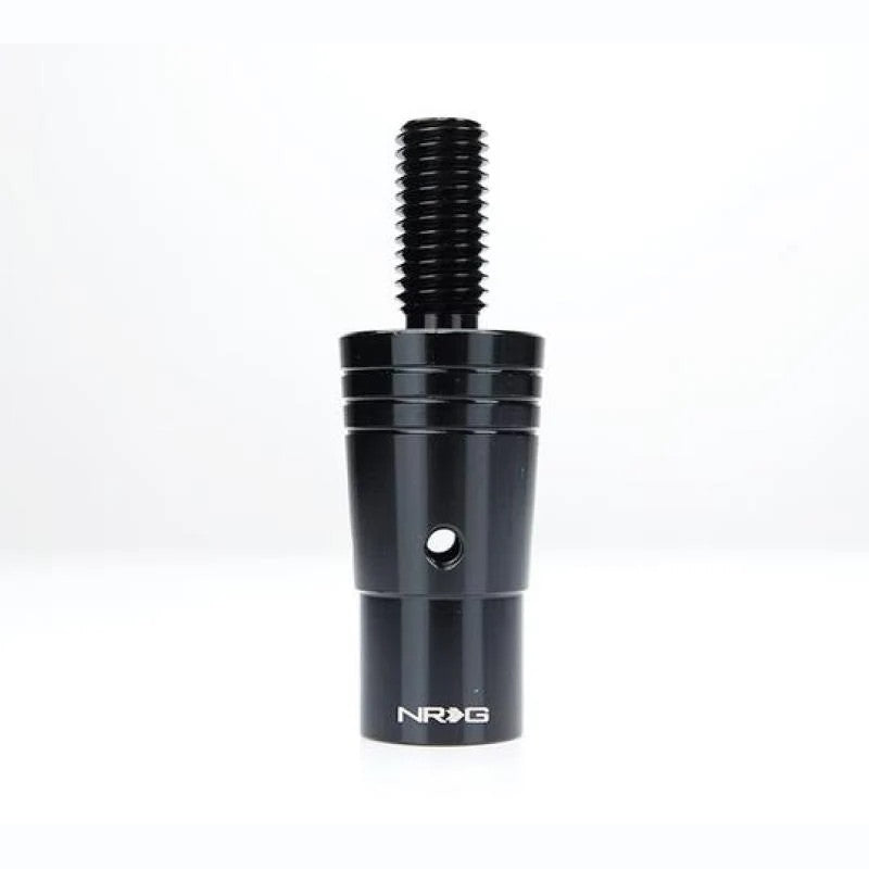 NRG black anodized aluminum 14mm Euro shift knob adapter with M10x1.5 threads and set screw holes.