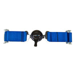 Blue NRG Innovations 4-point racing harness featuring 2-inch nylon straps and a silver center cam lock buckle.