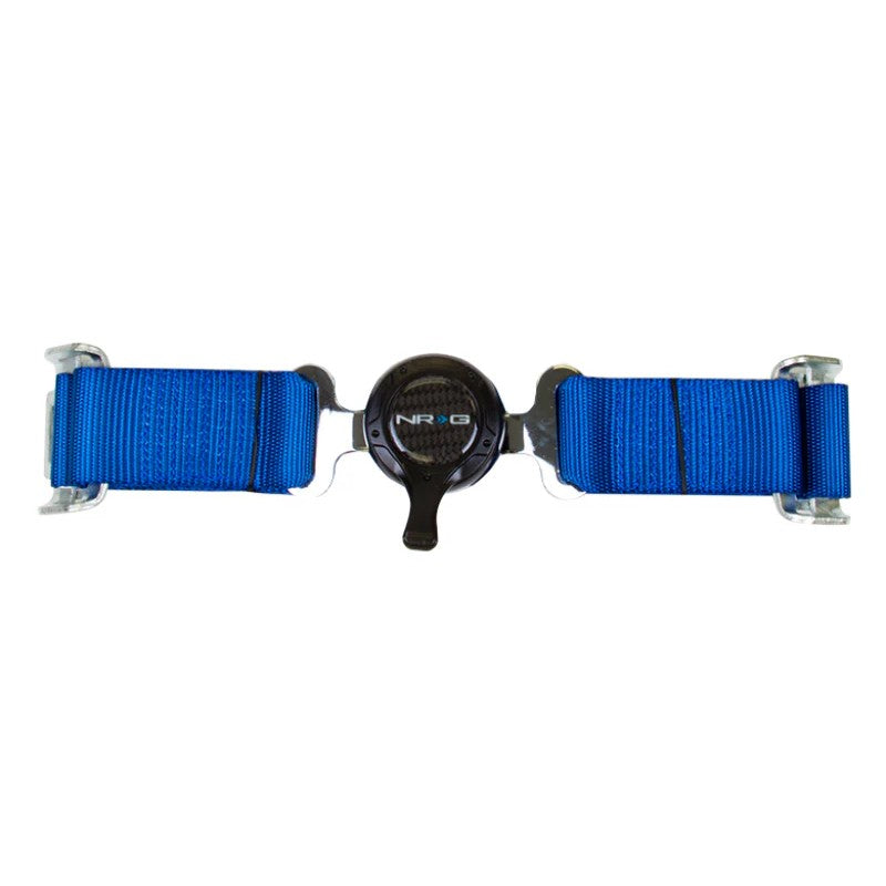 Blue NRG Innovations 4-point racing harness featuring 2-inch nylon straps and a silver center cam lock buckle.