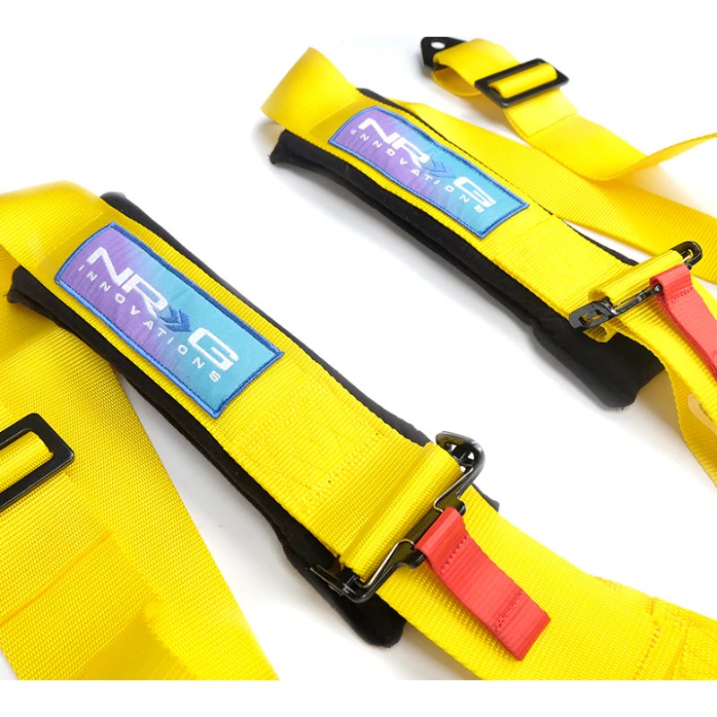 Yellow NRG 5-point racing seat belt harness featuring 3-inch webbing and a black quick-release cam lock buckle.