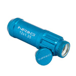 21-piece NRG 700 Series blue steel lug nut set M12x1.25 with integrated dust caps and wheel lock key.