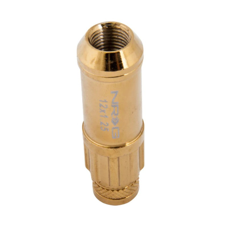 Chrome gold NRG 700 Series M12x1.25 steel lug nuts with dust cap covers and security lock key