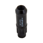 NRG 700 Series M12 x 1.25 black steel lug nuts with dust caps, locking nuts, and socket key.